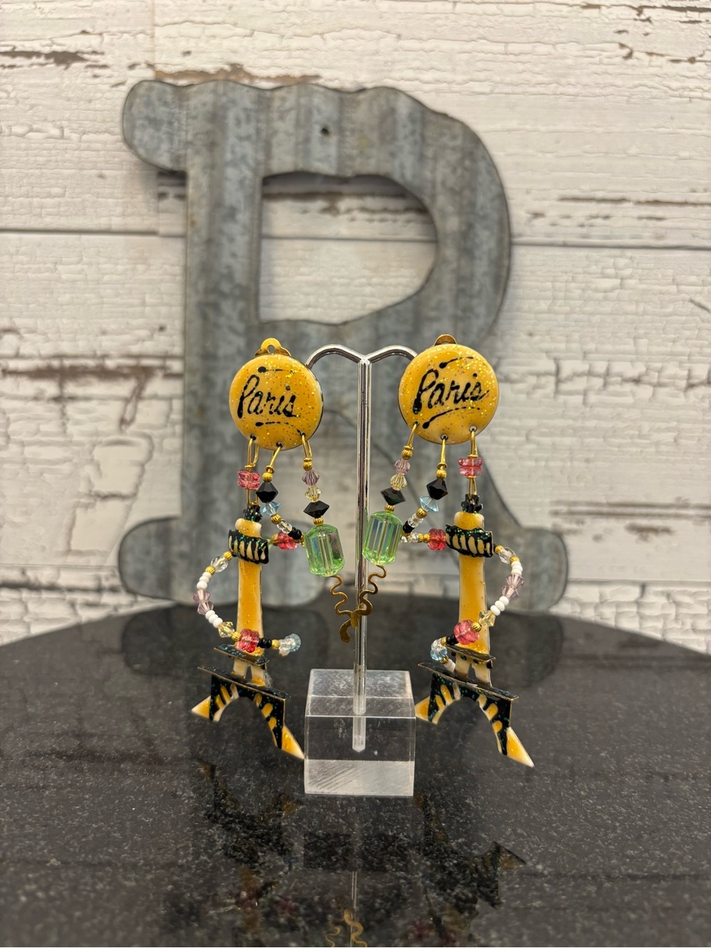 Lunch at the Ritz 1986 Collectable Yellow Paris Eiffel Tower Clip On Earrings
